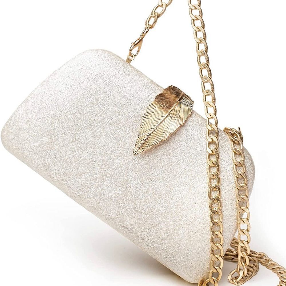 Ivory Evening Crossbody Clutch Purse with Gold Leaf Snap Luxury Vegan Leather - Picture 4 of 7